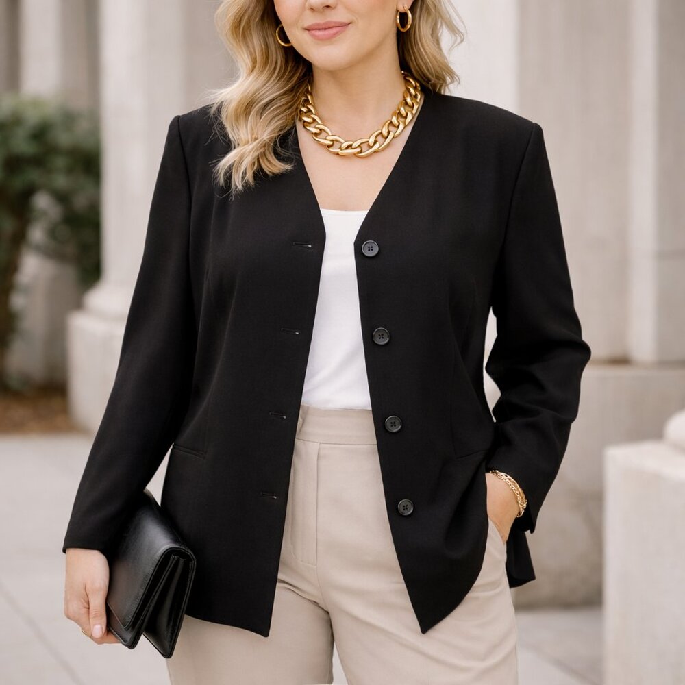 Vtg 80's Black Long Sleeves Career Classic Blazer Suit Jacket Office Business 14